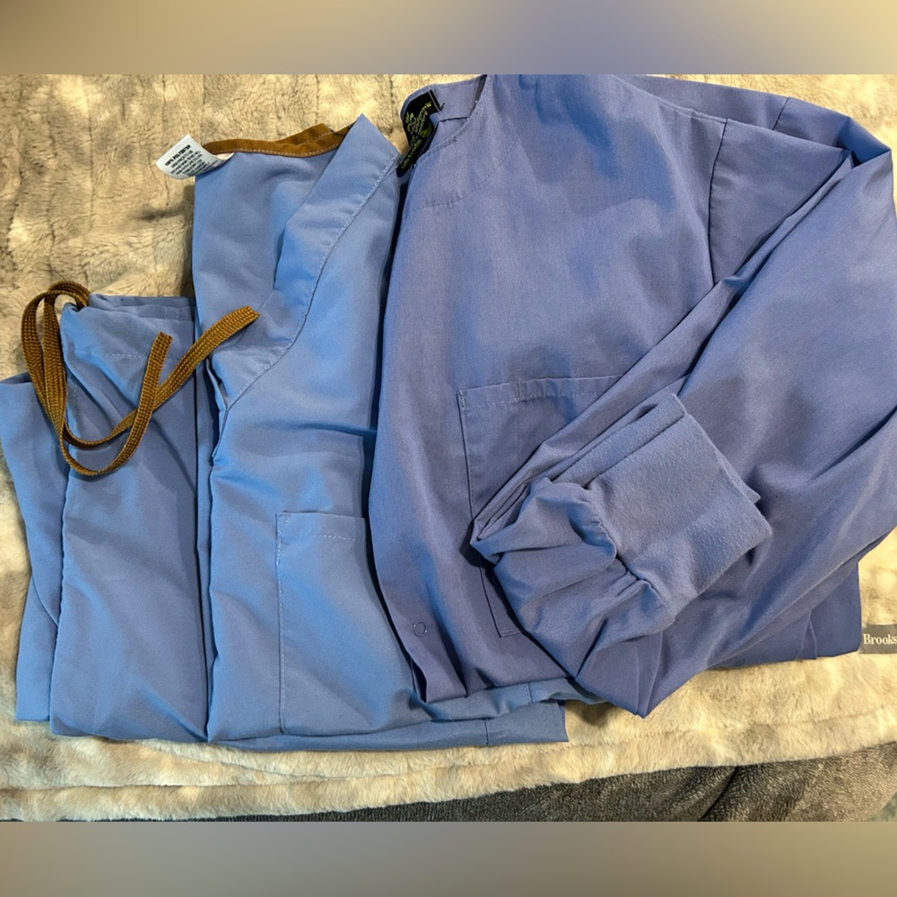 Blue Scrub Set with Brown Drawstrings